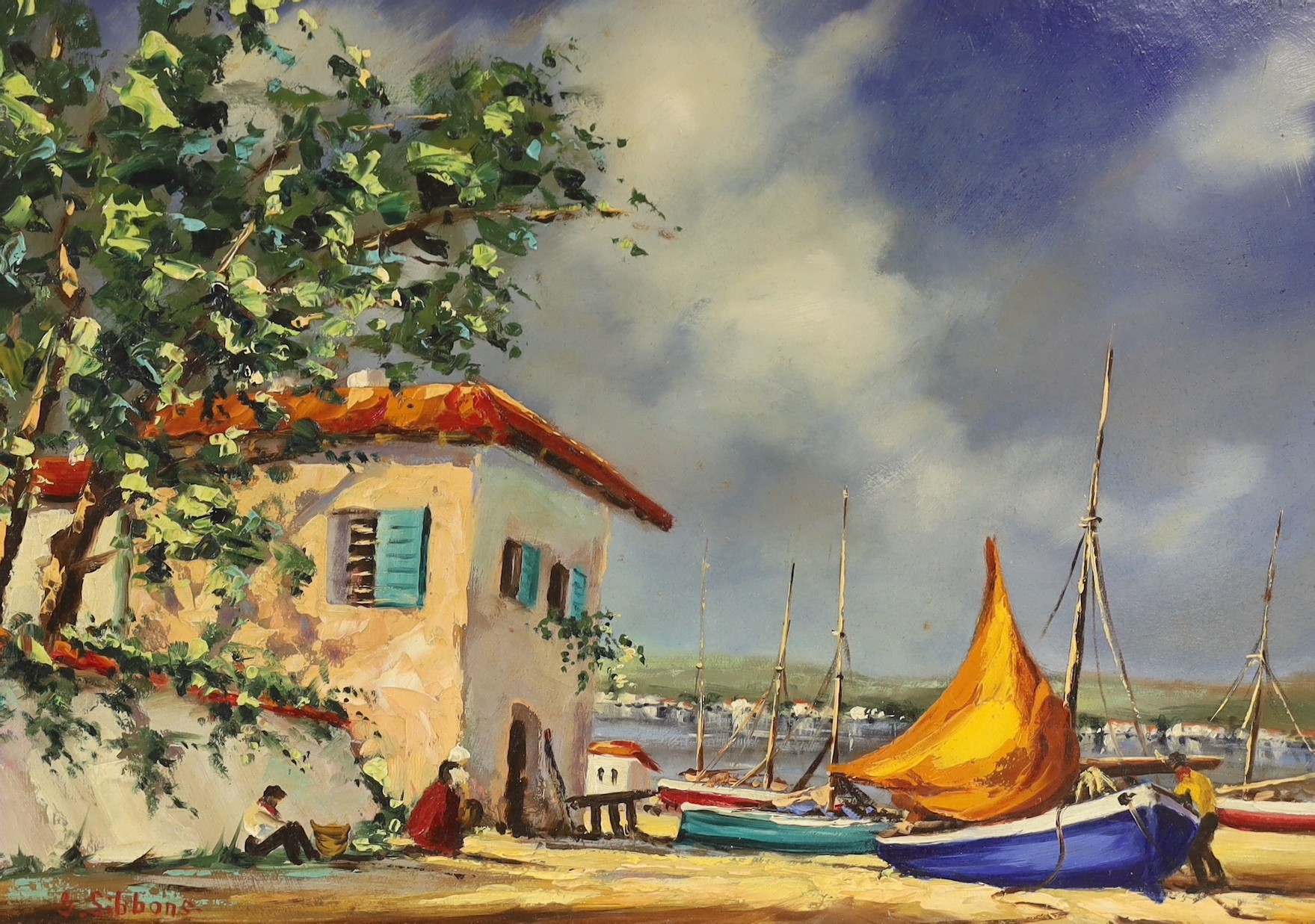 Gudrun Sibbons (b.1925), oil on board, Mediterranean coastal scene, signed, 30 x 40cm